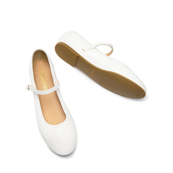 Buckle Round Toe Mary Jane Flats - WHITE-PU - 5
