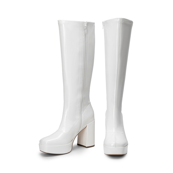 Y2K-inspired Knee-high Platform Gogo Boots - WHITE-PAT - 6
