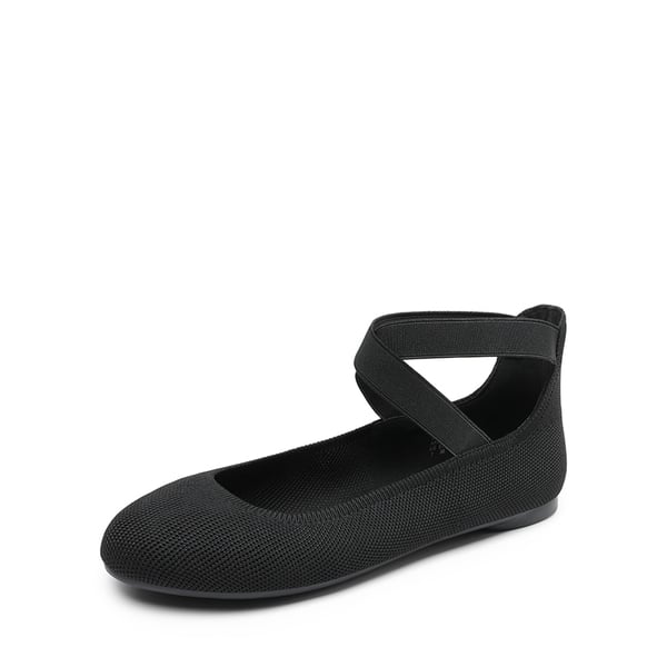 Crossover Ankle Strap Knit Ballet Flats - BLACK-KNIT -  0