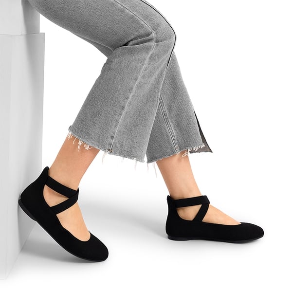 Crossover Ankle Strap Knit Ballet Flats - BLACK-KNIT - 2