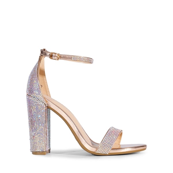Ankle Strap Chunky High Heel Sandals - ROSE GOLD-RHINESTONE - 3