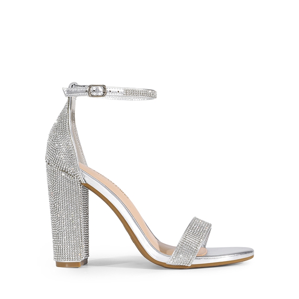 Vegan Leather Chunky Heel Sandals - SILVER-RHINESTONE - 3