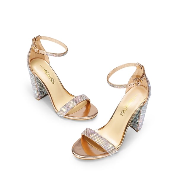 Ankle Strap Chunky High Heel Sandals - ROSE GOLD-RHINESTONE - 6