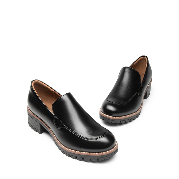 Block Heel Slip-On Classic Loafers - BLACK-PU - 6