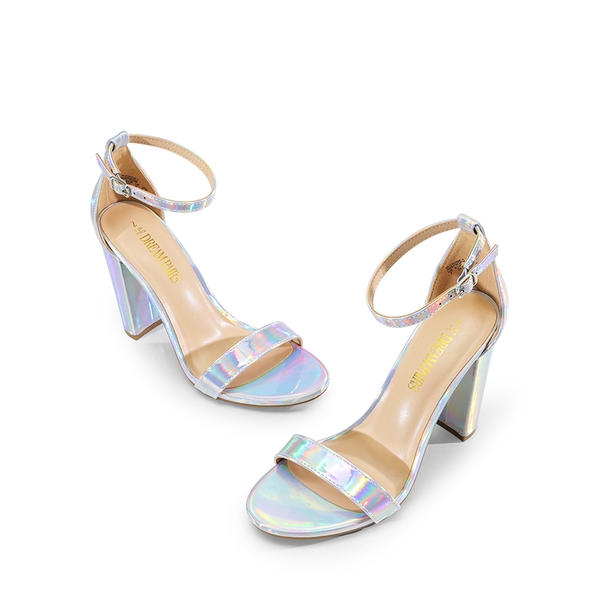 Ankle Strap Chunky High Heel Sandals - SILVER-PU - 6
