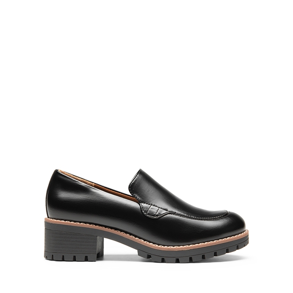 Block Heel Slip-On Classic Loafers - BLACK-PU - 3