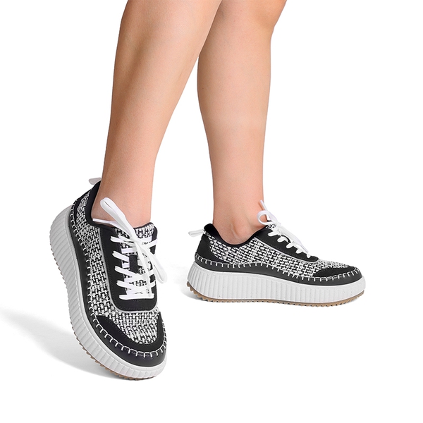 [Arch] Wide Width Tweed Platform Fashion Sneakers - BLACK/WHITE - 2