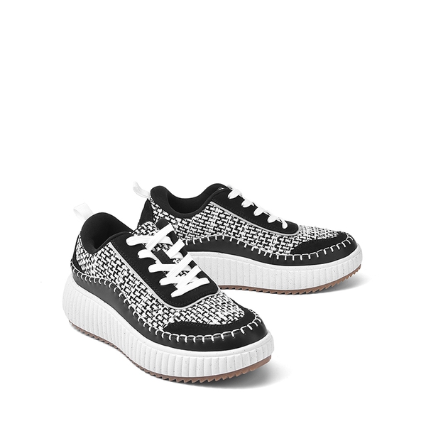 [Arch] Wide Width Tweed Platform Fashion Sneakers - BLACK/WHITE - 5