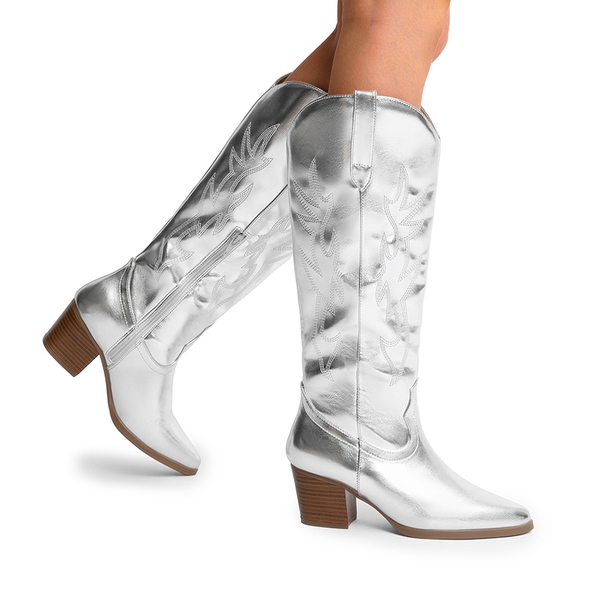  Pointed-Toe Cowgirl Knee-high Boots - SILVER-METAL - 2