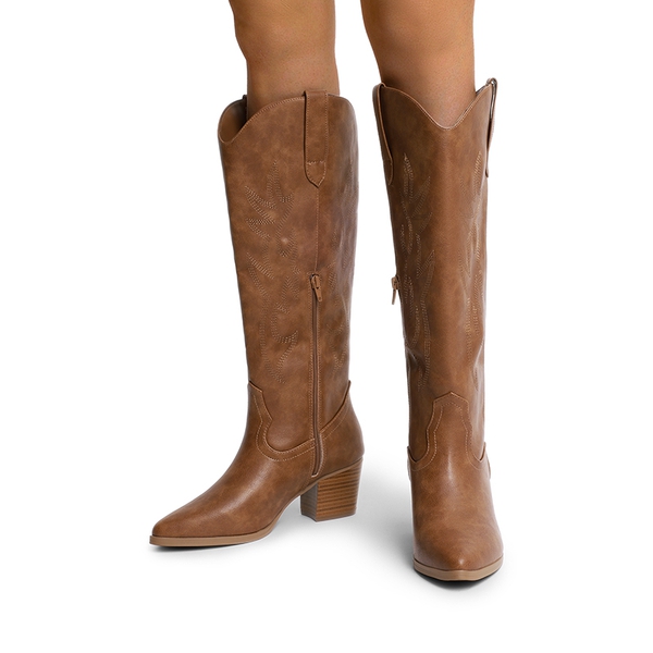  Pointed-Toe Cowgirl Knee-high Boots - BROWN - 1