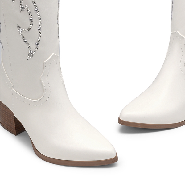  Pointed-Toe Cowgirl Knee-high Boots - WHITE-RHINESTONE - 5