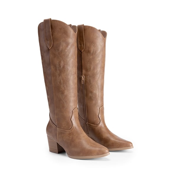 Pointed-Toe Cowgirl Knee-high Boots - BROWN - 7