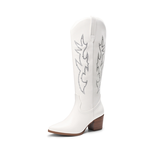  Pointed-Toe Cowgirl Knee-high Boots - WHITE-RHINESTONE -  0