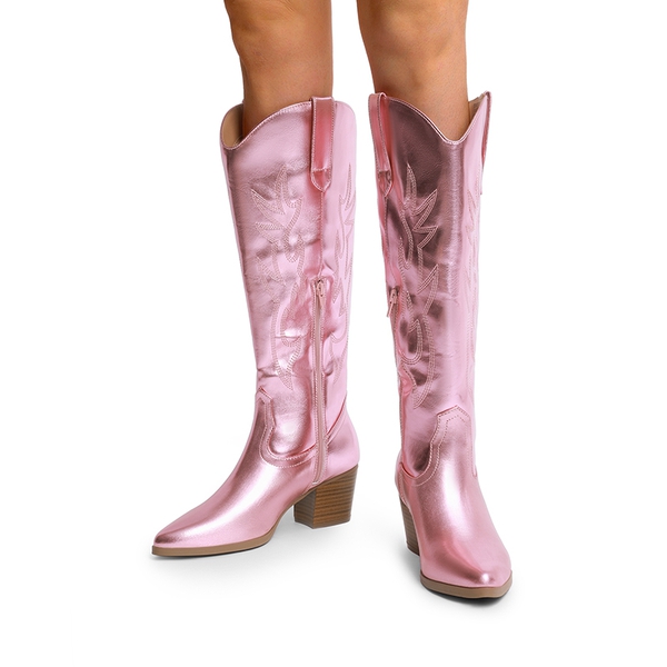  Pointed-Toe Cowgirl Knee-high Boots - PINK-METAL - 1