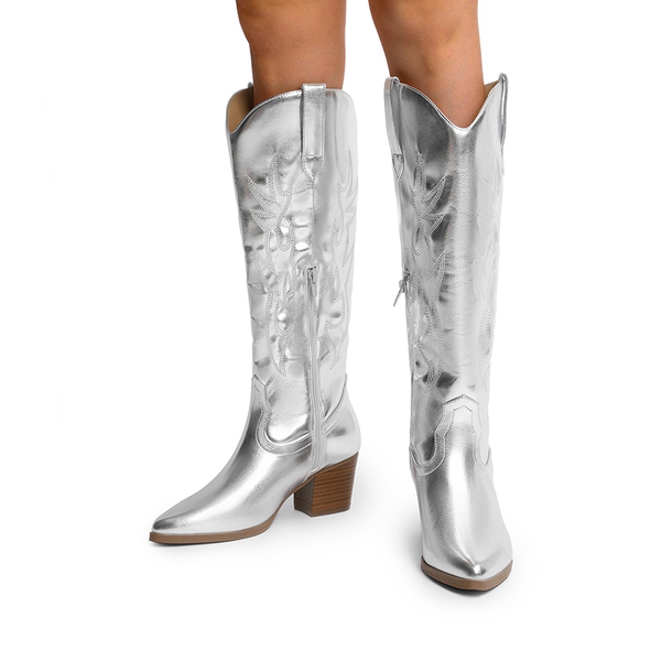  Pointed-Toe Cowgirl Knee-high Boots - SILVER-METAL - 1