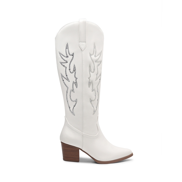  Pointed-Toe Cowgirl Knee-high Boots - WHITE-RHINESTONE - 3