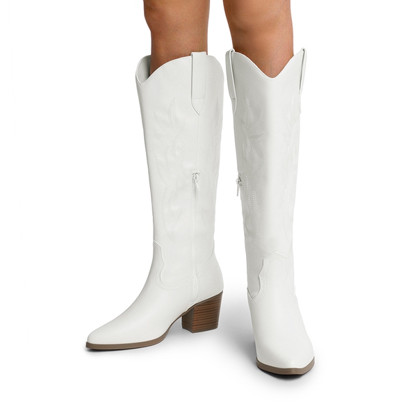  Pointed-Toe Cowgirl Knee-high Boots - WHITE - 1