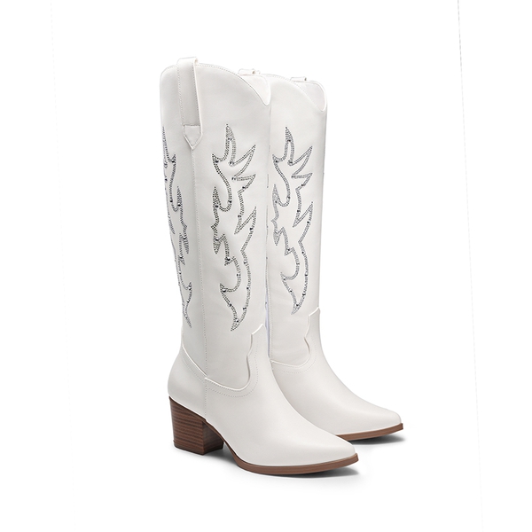  Pointed-Toe Cowgirl Knee-high Boots - WHITE-RHINESTONE - 6