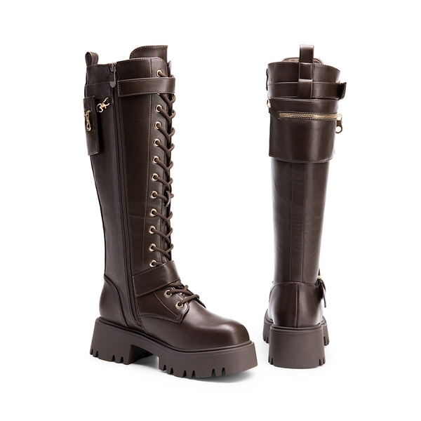 Lug Sole Platform Motorcycle Boots - BROWN - 5