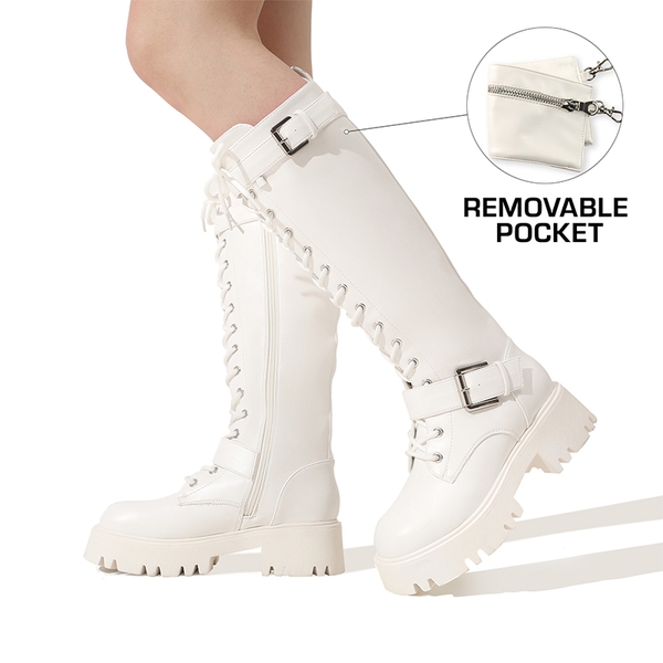 Lug Sole Platform Motorcycle Boots - WHITE - 1