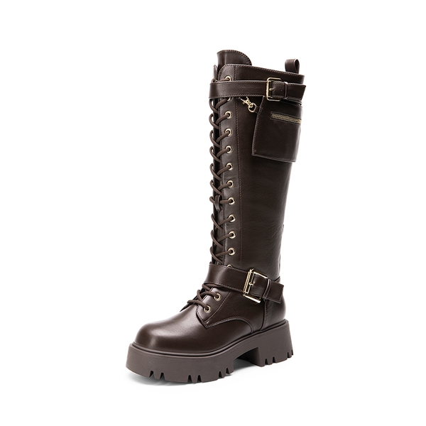 Lug Sole Platform Motorcycle Boots - BROWN -  0