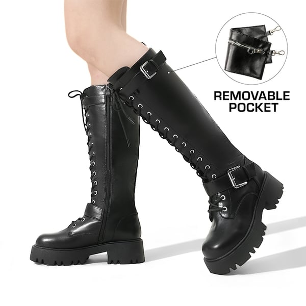 Lug Sole Platform Motorcycle Boots - BLACK - 1