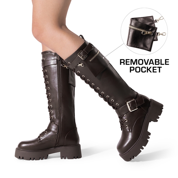 Lug Sole Platform Motorcycle Boots - BROWN - 1