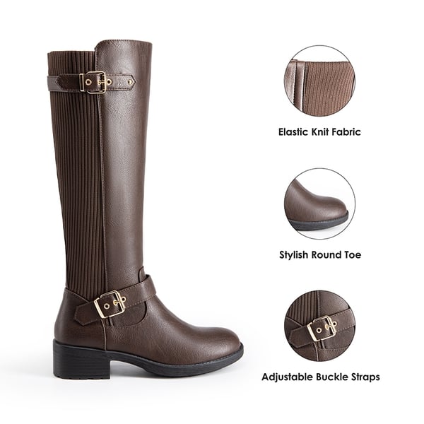 Classic Buckle Riding Knee-High Boot - BROWN - 4