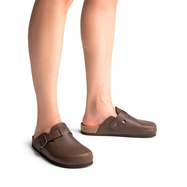 Round Toe Buckle Slip-on Mules - BROWN - 1
