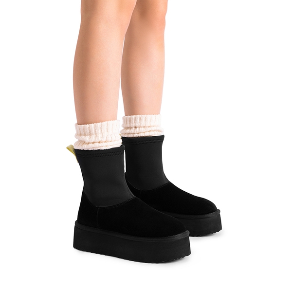 [FuzzyChic  Sock-Top Platform] Mid-calf Snow Boots - BLACK - 1