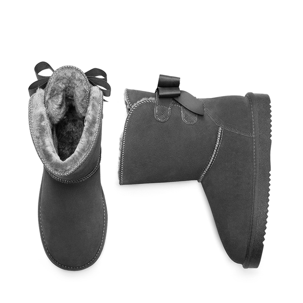 [FuzzyChic Bow] Suede Mid-calf Snow Boots - GREY - 7