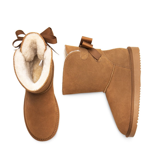 [FuzzyChic Bow] Suede Mid-calf Snow Boots - CHESTNUT - 7