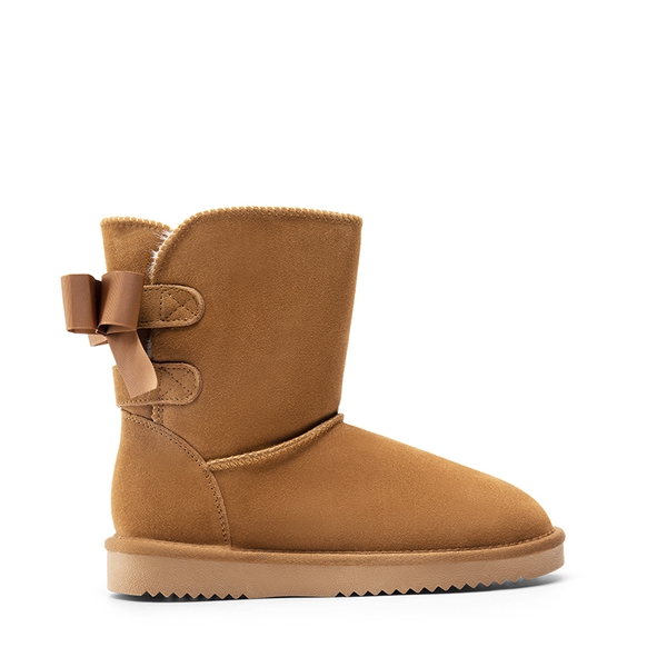 [FuzzyChic Bow] Suede Mid-calf Snow Boots - CHESTNUT - 2