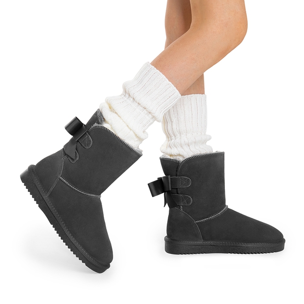 [FuzzyChic Bow] Suede Mid-calf Snow Boots - GREY - 1