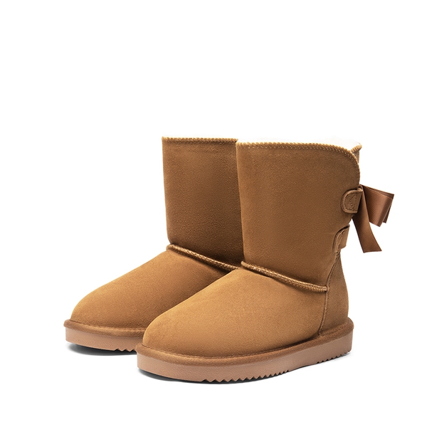 [FuzzyChic Bow] Suede Mid-calf Snow Boots - CHESTNUT - 5