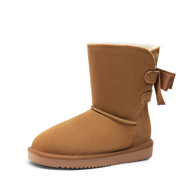 [FuzzyChic Bow] Suede Mid-calf Snow Boots - CHESTNUT -  0