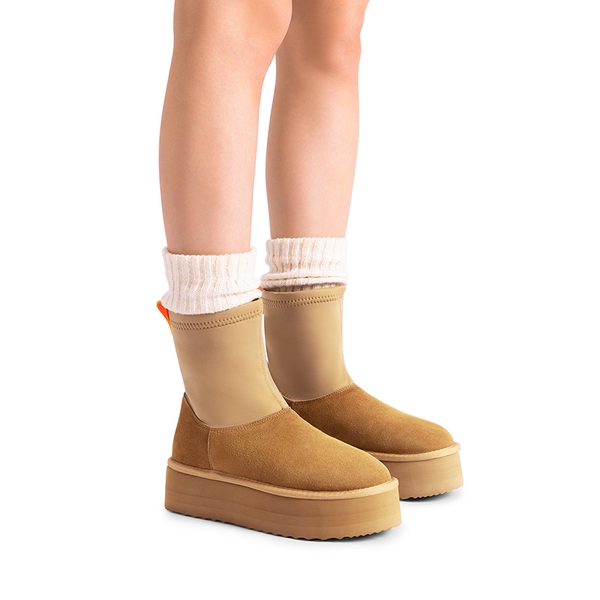 [FuzzyChic  Sock-Top Platform] Mid-calf Snow Boots - CHESTNUT - 1
