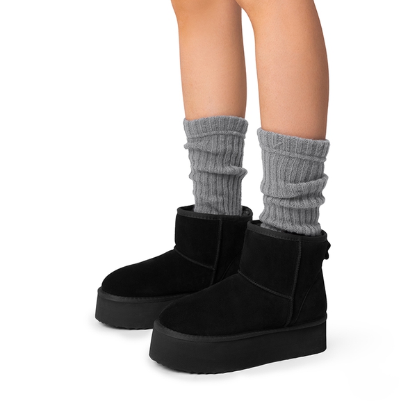 [FuzzyClassic Platform Low Boot] Genuine Suede Snow Boots - BLACK - 1
