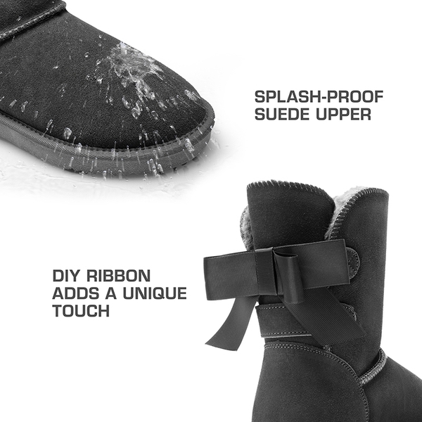 [FuzzyChic Bow] Suede Mid-calf Snow Boots - GREY - 4