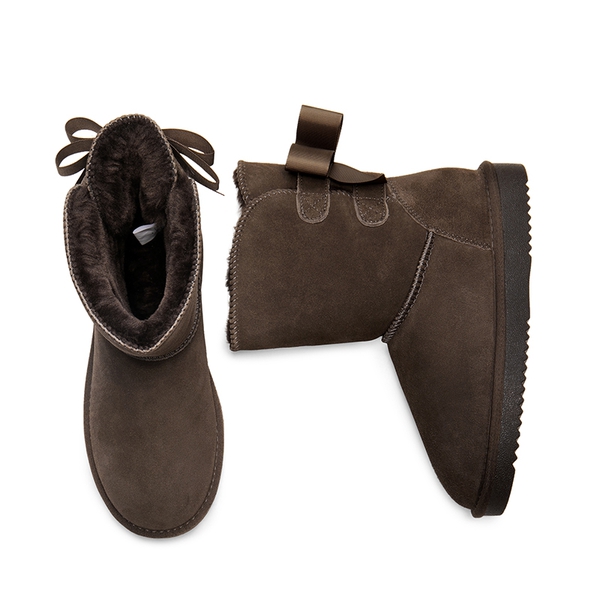 [FuzzyChic Bow] Suede Mid-calf Snow Boots - TAUPE - 7