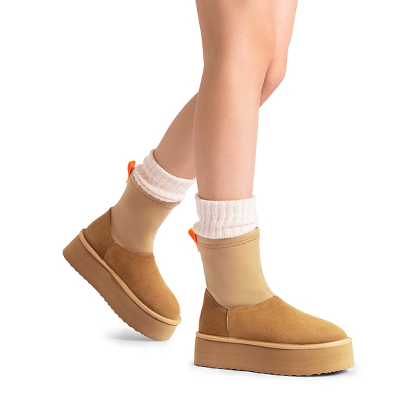 [FuzzyChic  Sock-Top Platform] Mid-calf Snow Boots - CHESTNUT - 2