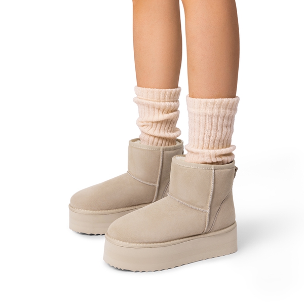 [FuzzyClassic Platform Low Boot] Genuine Suede Snow Boots - SAND - 1