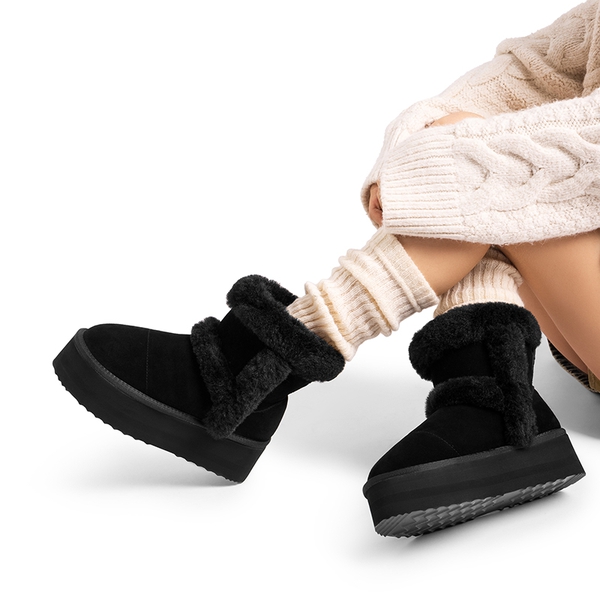 [FuzzyChic  Plush Platform] Thick-soled Fluffy Snow Boots - BLACK - 2