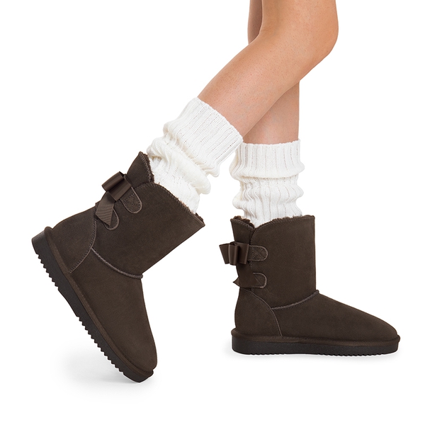 [FuzzyChic Bow] Suede Mid-calf Snow Boots - TAUPE - 1