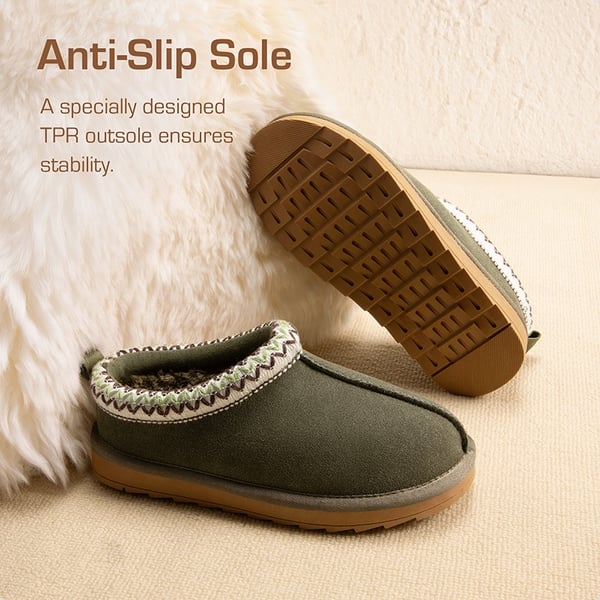 [FuzzyEasy Kid's  Slip-on] Winter Suede Slippers - OLIVE GREEN - 4