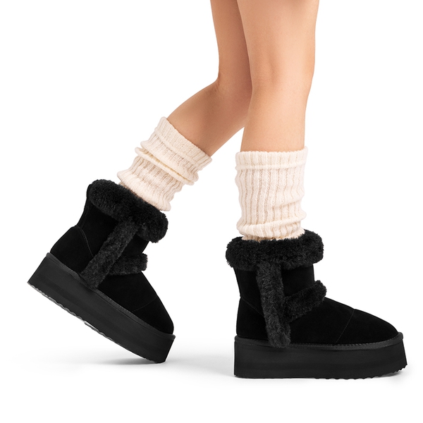[FuzzyChic  Plush Platform] Thick-soled Fluffy Snow Boots - BLACK - 1