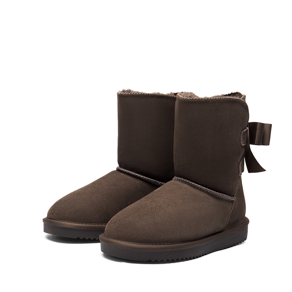 [FuzzyChic Bow] Suede Mid-calf Snow Boots - TAUPE - 5