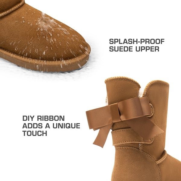 [FuzzyChic Bow] Suede Mid-calf Snow Boots - CHESTNUT - 4