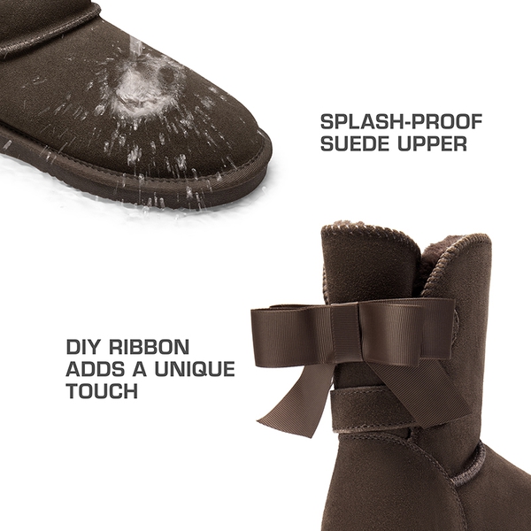 [FuzzyChic Bow] Suede Mid-calf Snow Boots - TAUPE - 4