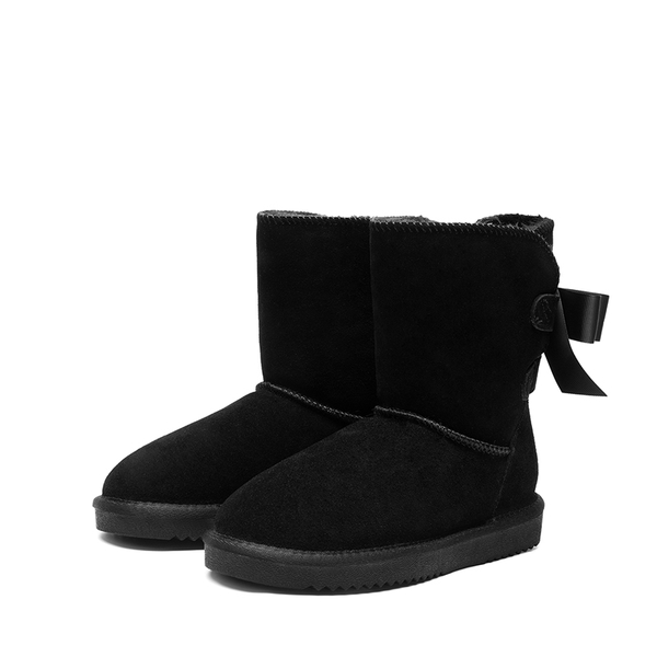 [FuzzyChic Bow] Suede Mid-calf Snow Boots - BLACK - 5